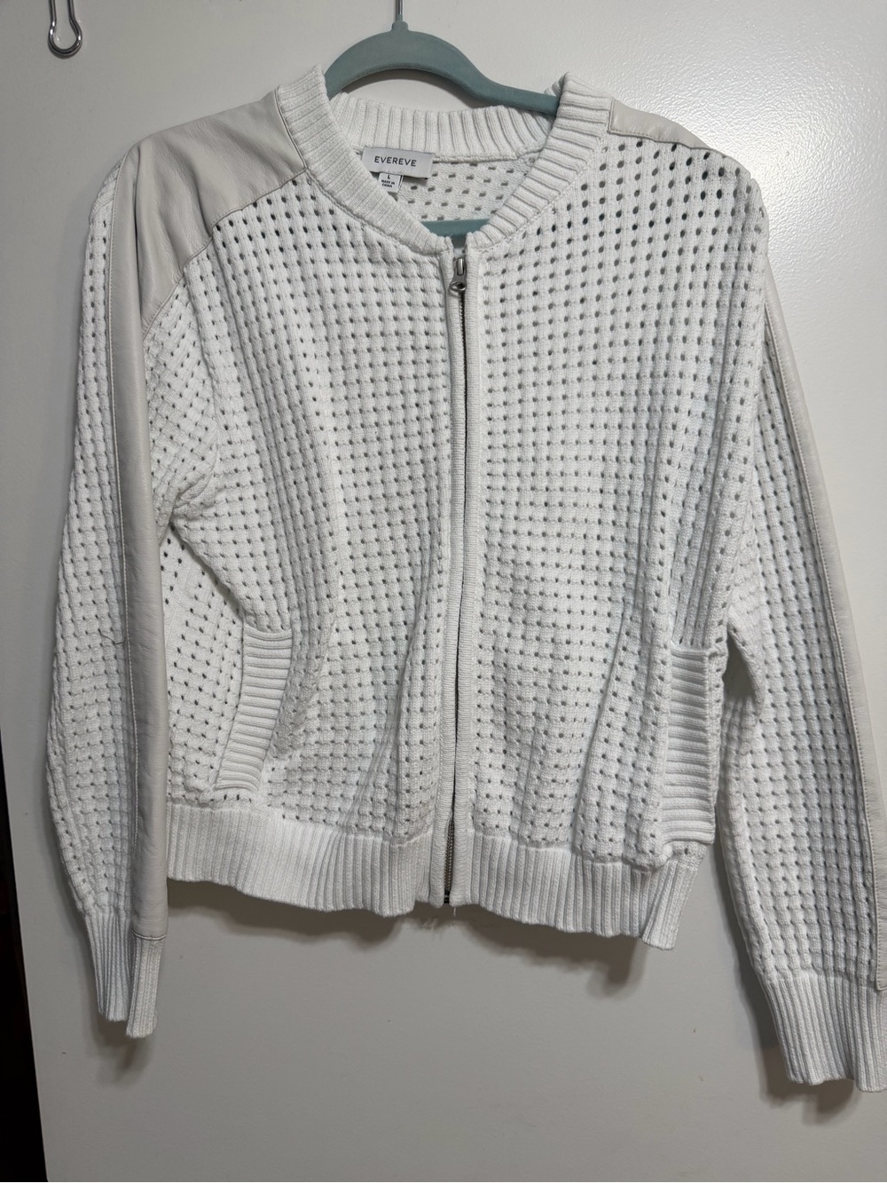 Evereve white open stitch bomber zip up with Leather-Trim Shoulders